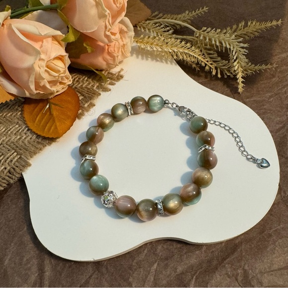 Olive & Earth Tone Beaded Bracelet with Adjustable Chain - Picture 3 of 5